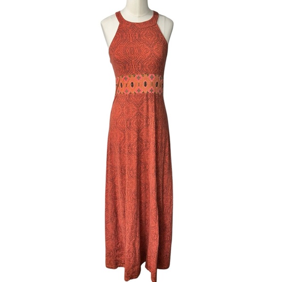 PRANA - Women's  Small Orange Printed Skye Maxi Dress Halter Built in Shelf Bra - Picture 1 of 4